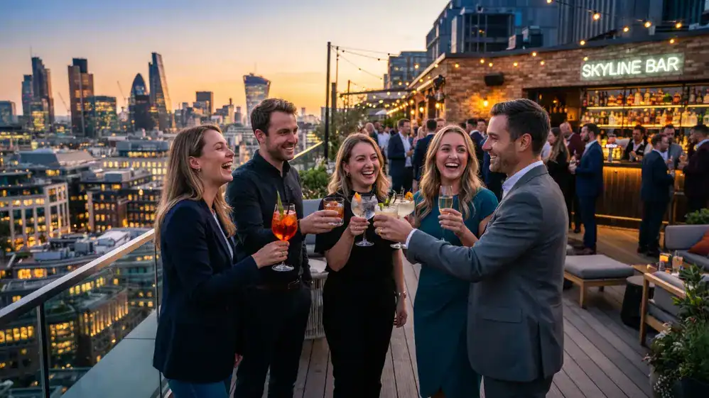 quipo de empresa brindando con cócteles en un afterwork