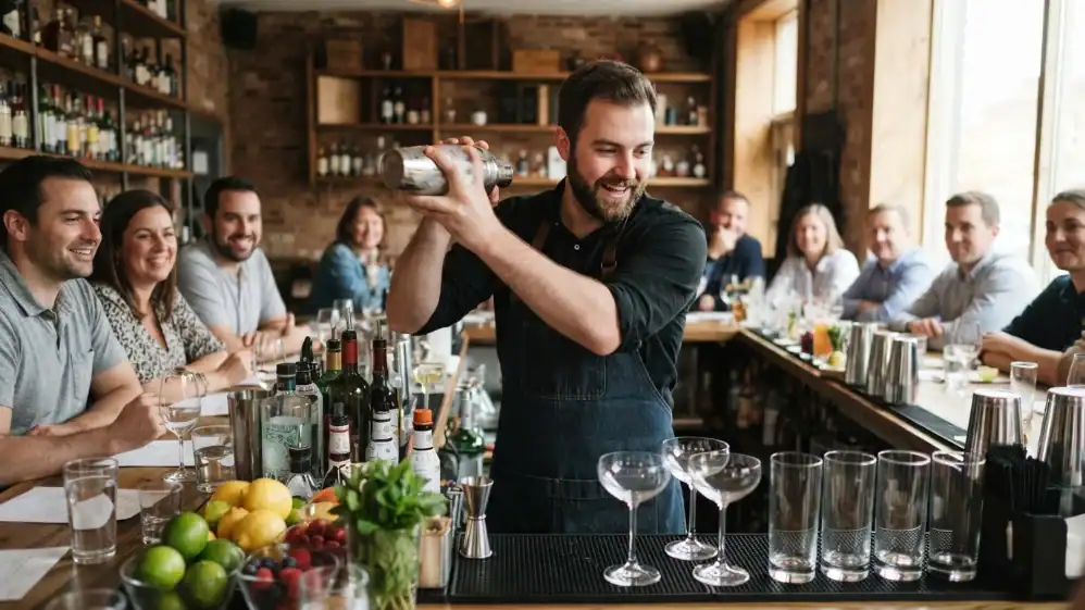 Bartender guiando una actividad de coctelería para empresa | En el H2 “Elige una experiencia de coctelería adecuada al grupo