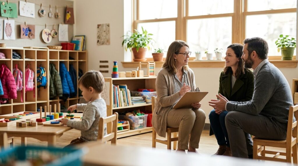 Familia valorando un colegio de educación infantil